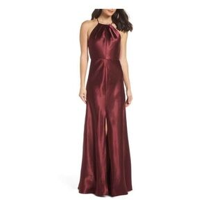 JENNY YOO Cameron Halter Neck Satin Gown in Hibiscus Sangria Size 0